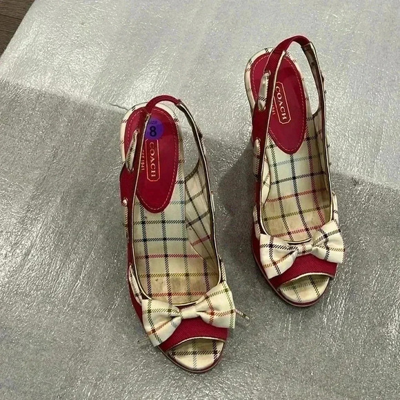 [8B]Coach Twirlino Twirling Open Toe Cork Wedges Bow  Detail Pink Plaid - Picture 3 of 10